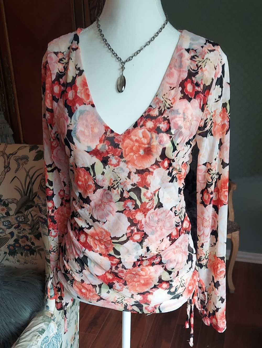 INC International Concepts Coral Floral V-Neck Long Sleeve Top